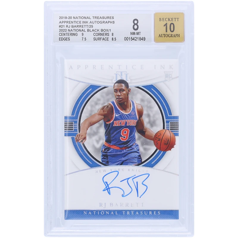 RJ Barrett New York Knicks Autographed 2019-20 Panini National Treasures Apprentice Ink Black Box #AI-RJB #1/1 BGS Authenticated 8/10 Rookie Card - 9,8,7.5,8.5 Subgrades