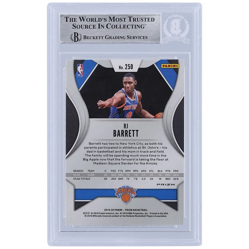 Carte de recrue authentifiée autographiée RJ Barrett New York Knicks Panini Prizm 2019-20 rouge, blanc et bleu #250 Beckett Fanatics