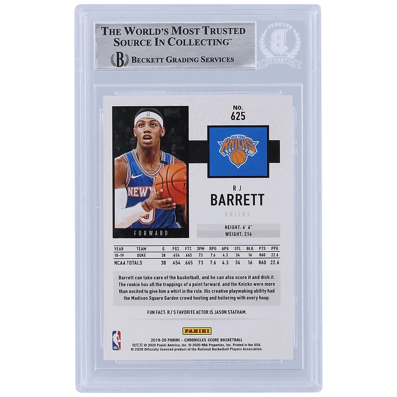 RJ Barrett New York Knicks Autographed 2019-20 Panini Score #625 Beckett Fanatics Witnessed Authenticated Rookie Card