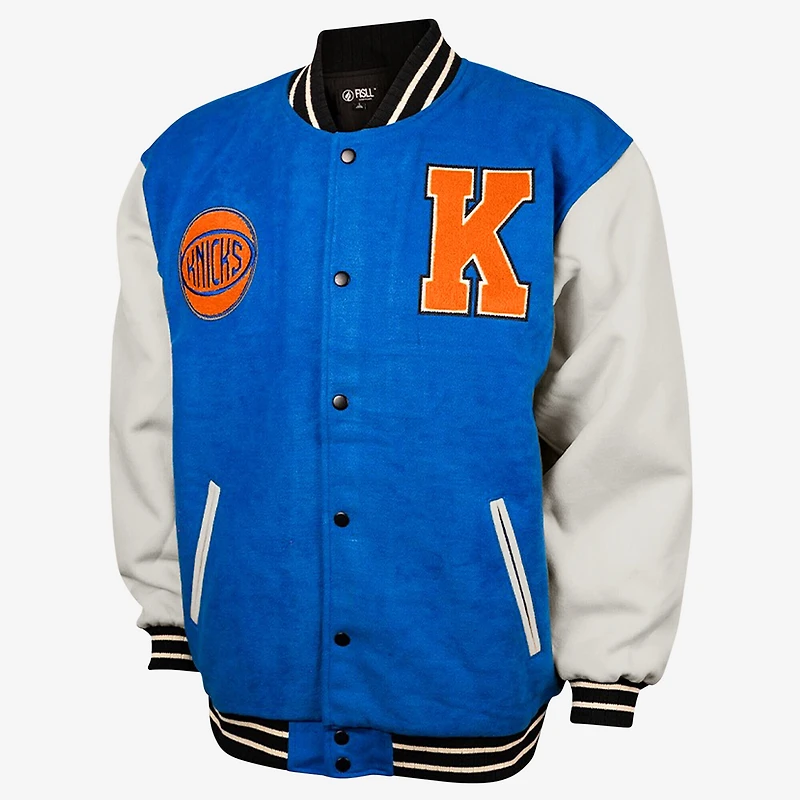 Veste universitaire unisexe FISLL bleue/crème New York Knicks à boutons-pression