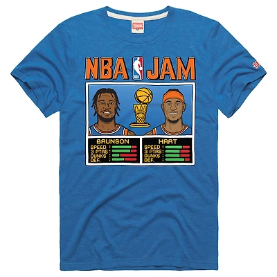 T-shirt unisexe bleu hommage à Josh Hart et Jalen Brunson, champions des finales NBA 2026 New York Knicks.