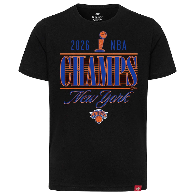 Unisex Sportiqe Navy New York Knicks 2026 NBA Finals Champions Trophy Skyline T-Shirt