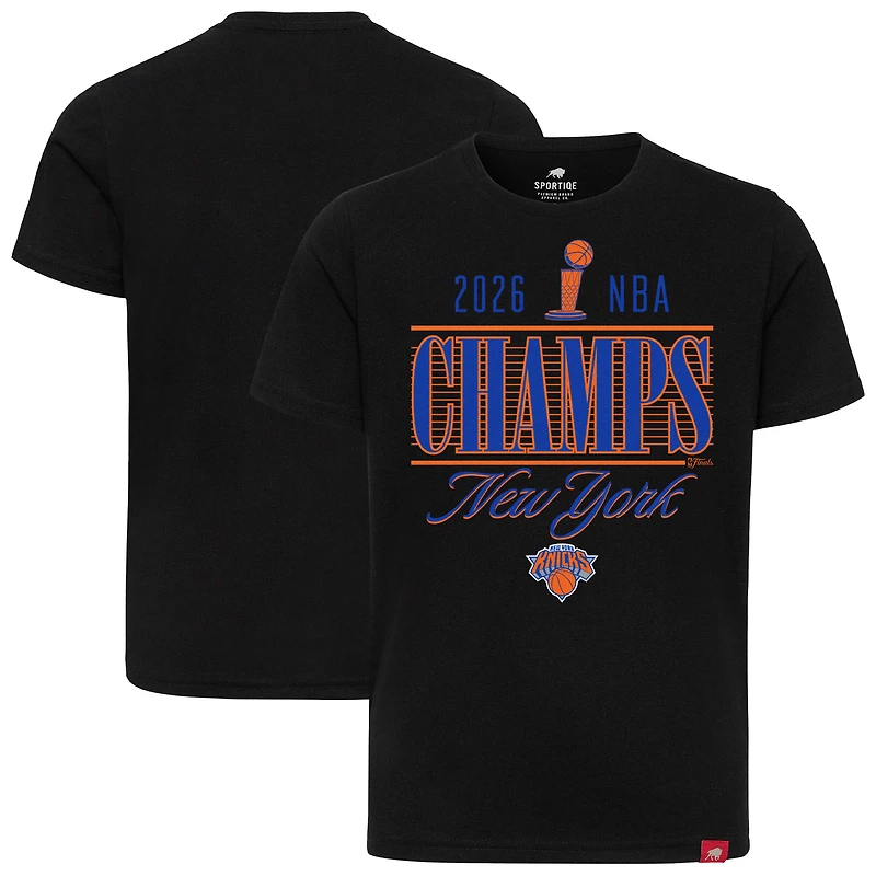 Unisex Sportiqe Navy New York Knicks 2026 NBA Finals Champions Trophy Skyline T-Shirt