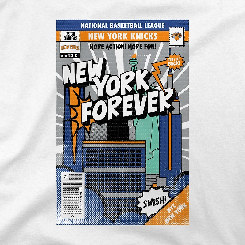 T-shirt unisexe Stadium Essentials blanc New York Knicks, coupe carrée, motif couverture de bande dessinée