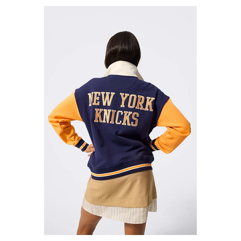 Pull unisexe Terez bleu marine/blanc à col zippé, motif New York Knicks.