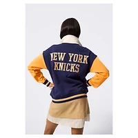 Pull unisexe Terez bleu marine/blanc à col zippé, motif New York Knicks.