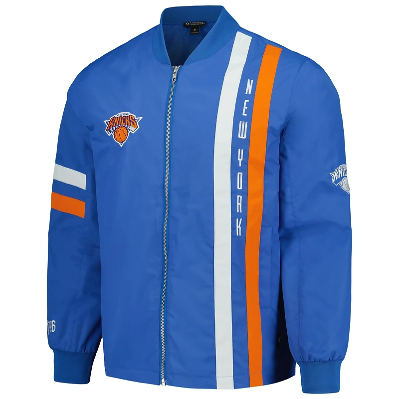 Blouson aviateur unisexe The Wild Collective bleu New York Knicks Stitch Applique entièrement zippé