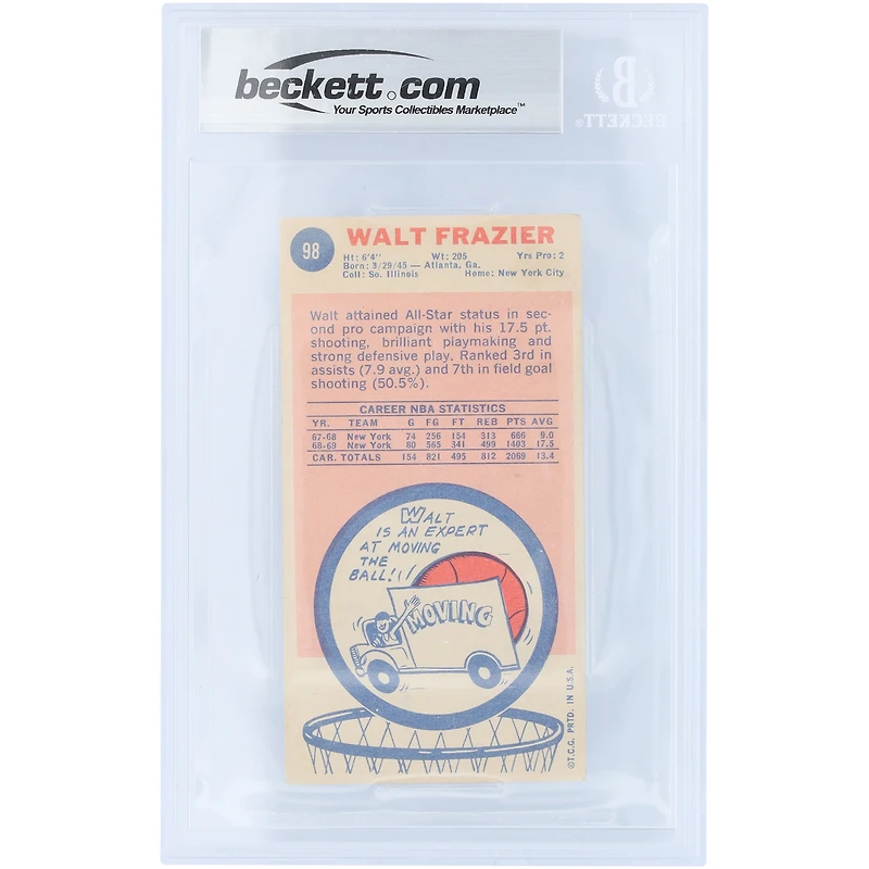 Carte de recrue autographiée de Walt Frazier (New York Knicks) de la saison 1969-70, Topps n° 98, authentifiée par Beckett Fanatics Witnessed (n° 10).