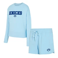 Ensemble haut à manches longues et short bleu clair Elevation Tri-Blend pour femme Concepts Sport New York Knicks