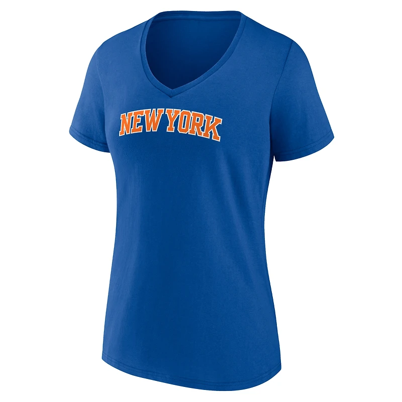 Women's  Blue New York Knicks Team Wordmark V-Neck T-Shirt