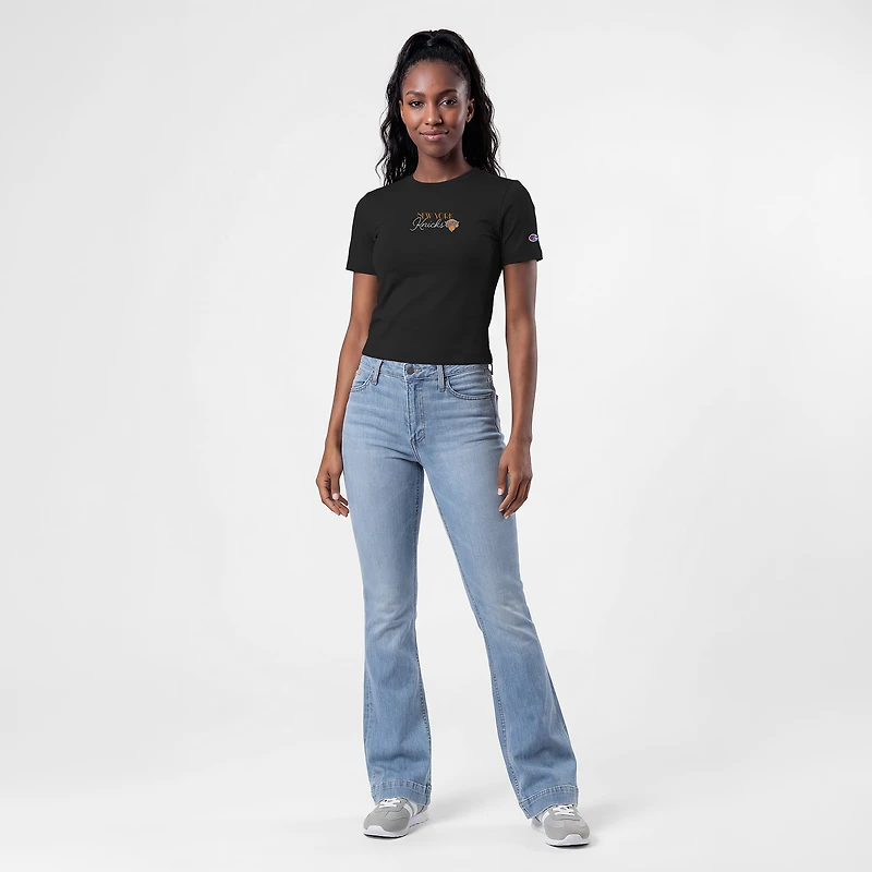 Women's Champion Black New York Knicks Soft Touch Fitted Cropped T-Shirt