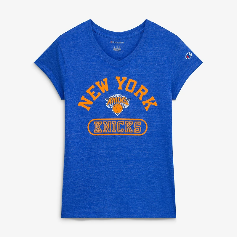 T-shirt à col en V Champion bleu New York Knicks pour femme, mélange de trois matières.