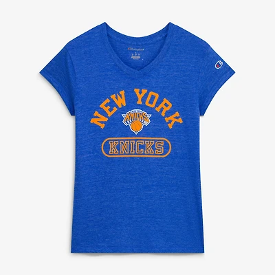 T-shirt à col en V Champion bleu New York Knicks pour femme, mélange de trois matières.