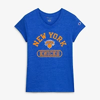 T-shirt à col en V Champion bleu New York Knicks pour femme, mélange de trois matières.