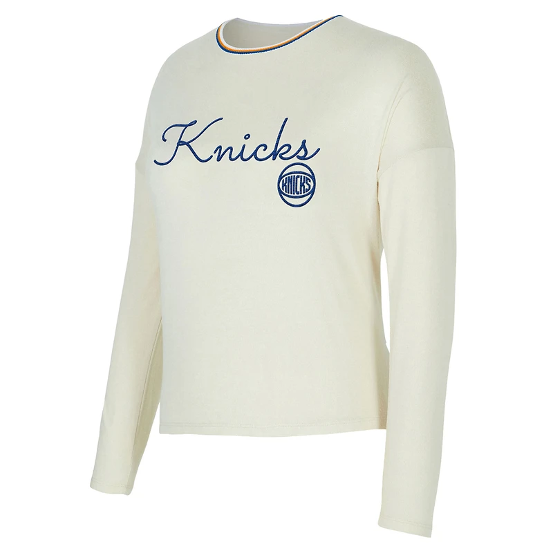 Ensemble haut à manches longues et short en tricot kaki Hacci pour femme Concepts Sport Cream des New York Knicks