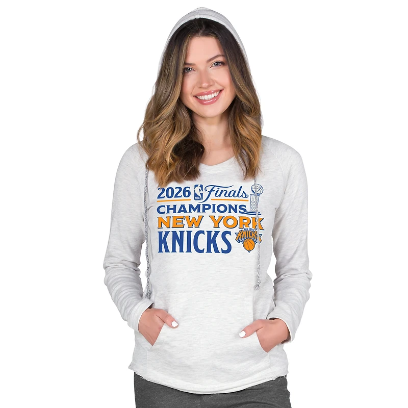 Women's Concepts Sport Oatmeal New York Knicks 2026 NBA Finals Champions Mainstream French Terry Tri-Blend V-Neck Hoodie