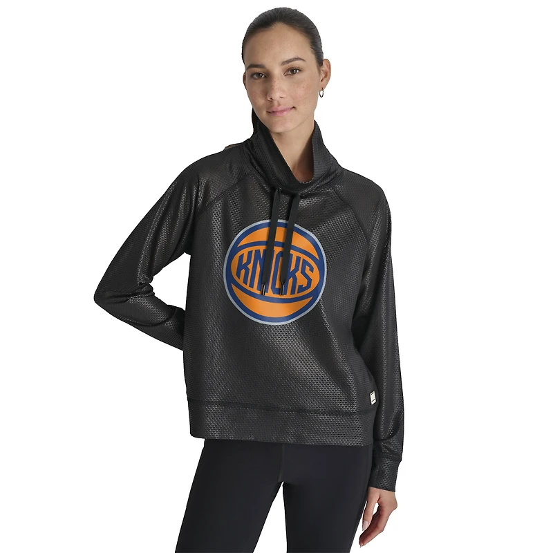 Women's DKNY Black New York Knicks Honeycomb Mesh Funnel Neck Long Sleeve Top