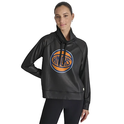 Women's DKNY Black New York Knicks Honeycomb Mesh Funnel Neck Long Sleeve Top