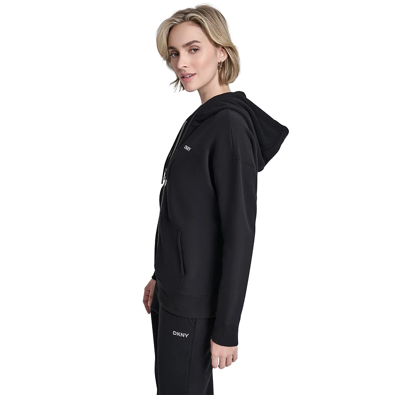 Sweat à capuche zippé noir DKNY New York Knicks pour femme, logo métallisé bulles.