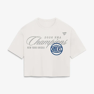 Haut court blanc Fanatics pour femmes, New York Knicks, champions des finales NBA 2026