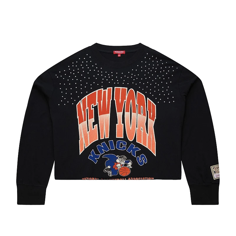 T-shirt court à manches longues clouté Hardwood Classics de Mitchell & Ness pour femme, noir, des New York Knicks
