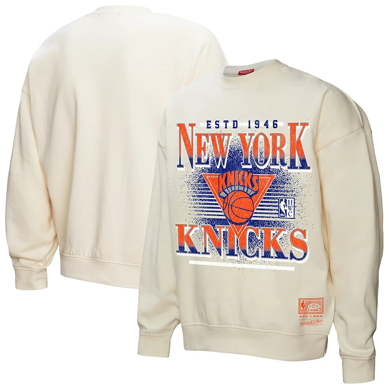 Sweat-shirt à capuche oversprayé pour femme Mitchell & Ness crème New York Knicks