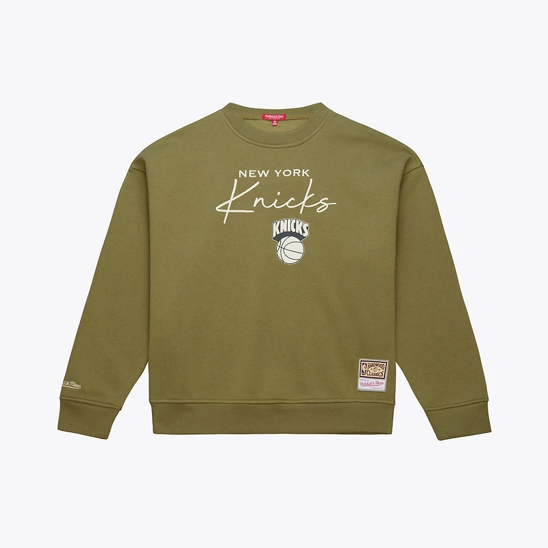 Women's Mitchell & Ness Olive New York Knicks Lightweight Script Sweatshirt