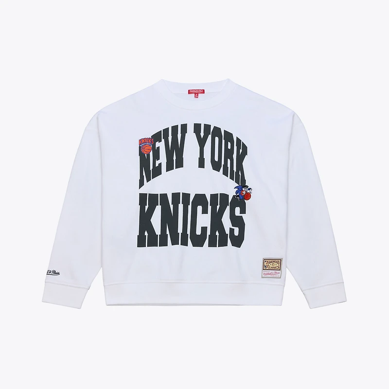 Sweat-shirt léger Mitchell & Ness blanc pour femme, logo New York Knicks, lettres capitales.