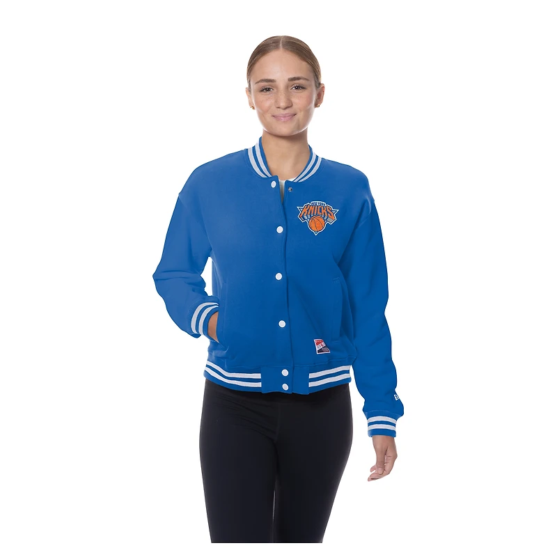 Veste New Era bleue à boutons-pression pour femme, style rétro des York Knicks