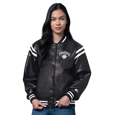 Women's Starter Black New York Knicks High Heat Leather Varsity Full-Snap Jacket