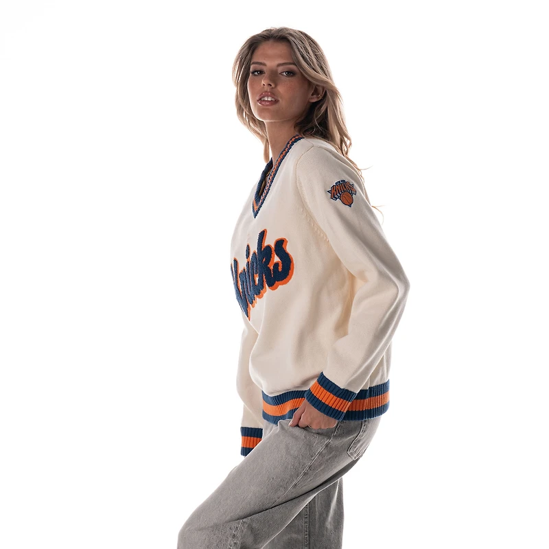 Women's The Wild Collective Cream New York Knicks Jacquard Knit V-Neck Sweater