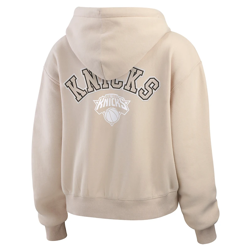 Women's WEAR by Erin Andrews Cream New York Knicks Plus Tonal Felt Patch Full-Zip Hoodie
