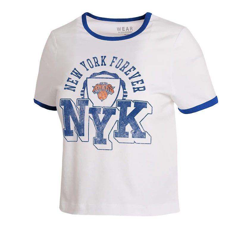 Women's WEAR by Erin Andrews White New York Knicks Cropped Ringer Baby T-Shirt