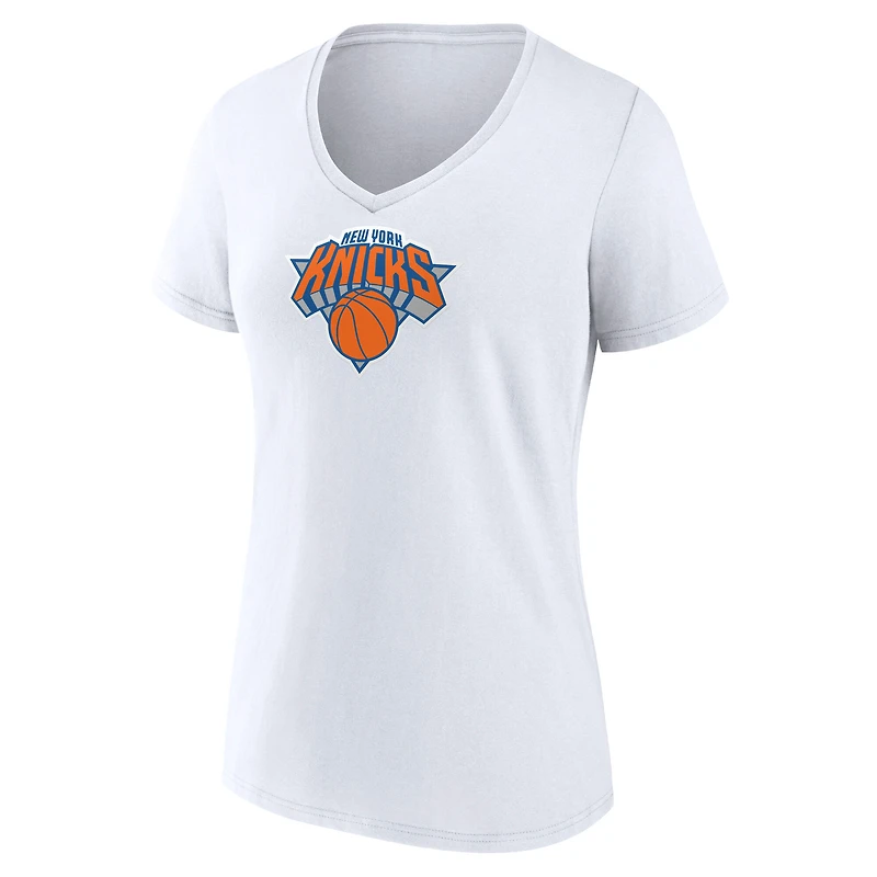T-shirt blanc à col en V avec logo principal des New York Knicks pour femmes