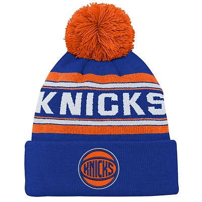 Bonnet en tricot à revers jacquard bleu pour jeunes New York Knicks avec pompon
