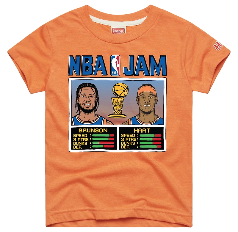 T-shirt NBA Jam orange New York Knicks, hommage à Jalen Brunson et Josh Hart, pour jeunes.
