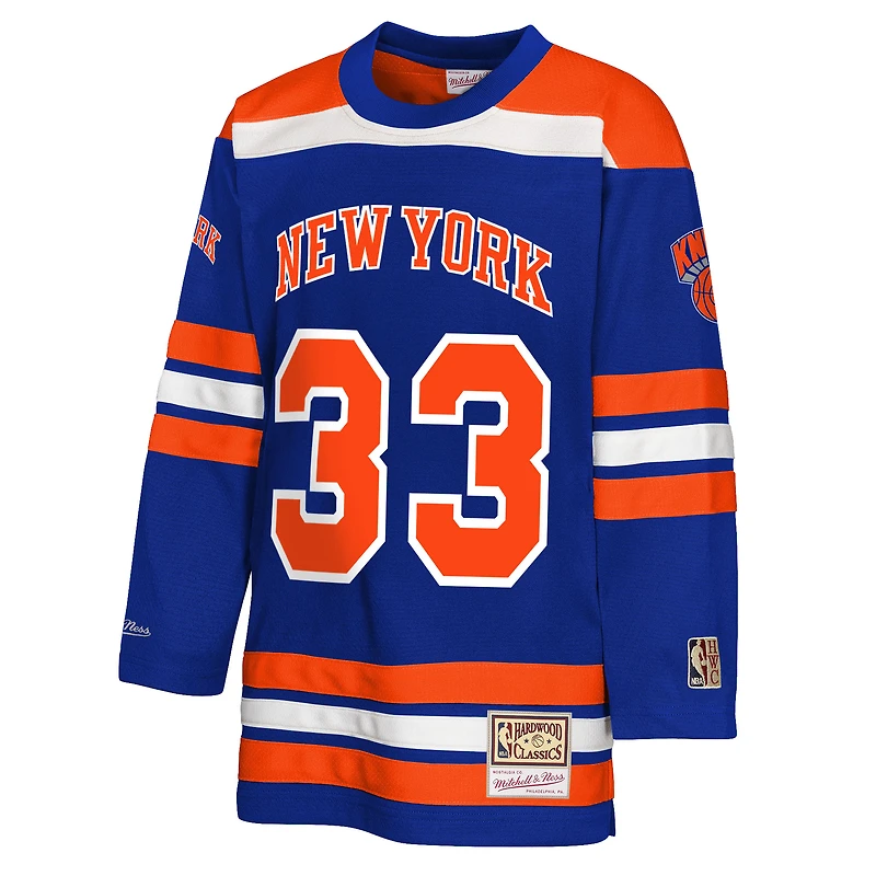 Youth Mitchell & Ness Patrick Ewing Blue New York Knicks Maxxed Out 2.0 Fashion Hockey Jersey