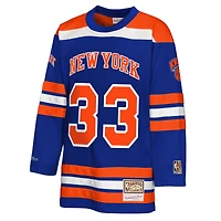 Youth Mitchell & Ness Patrick Ewing Blue New York Knicks Maxxed Out 2.0 Fashion Hockey Jersey
