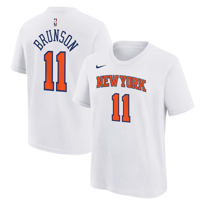 T-shirt Nike Jalen Brunson blanc New York Knicks pour enfant, avec nom et numéro.
