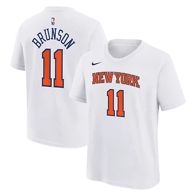 T-shirt Nike Jalen Brunson blanc New York Knicks pour enfant, avec nom et numéro.