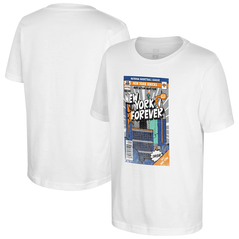 Youth Stadium Essentials White New York Knicks Comic Book Cover T-Shirt