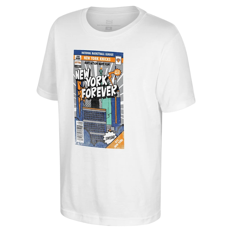 Youth Stadium Essentials White New York Knicks Comic Book Cover T-Shirt