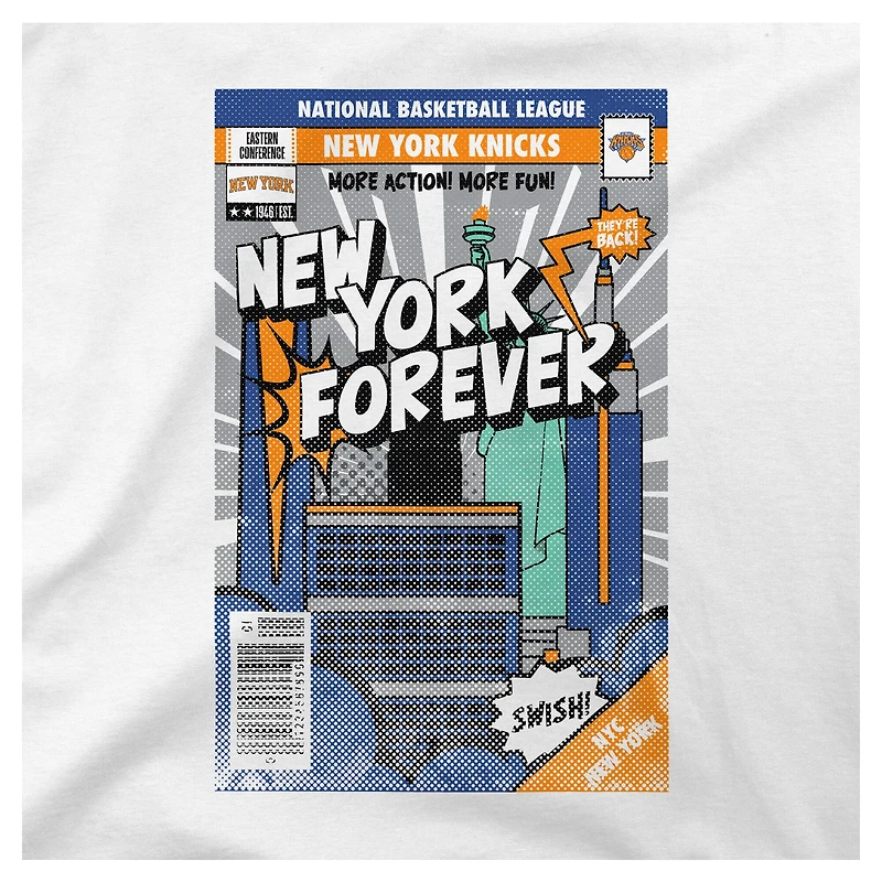 Youth Stadium Essentials White New York Knicks Comic Book Cover T-Shirt
