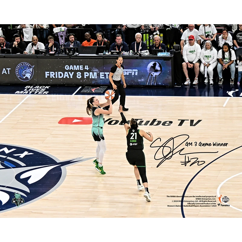 Photographie autographiée de Sabrina Ionescu du New York Liberty 2024 WNBA Finals Game 3, 8" x 10", tir à trois points gagnant avec l'inscription "GM 3 Game Winner"