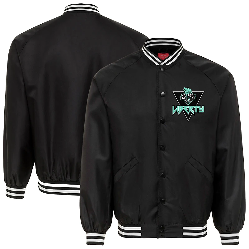 Blouson aviateur unisexe Sportiqe noir New York Liberty Rock & Roll Collection Ringo Satin Raglan à boutons-pression