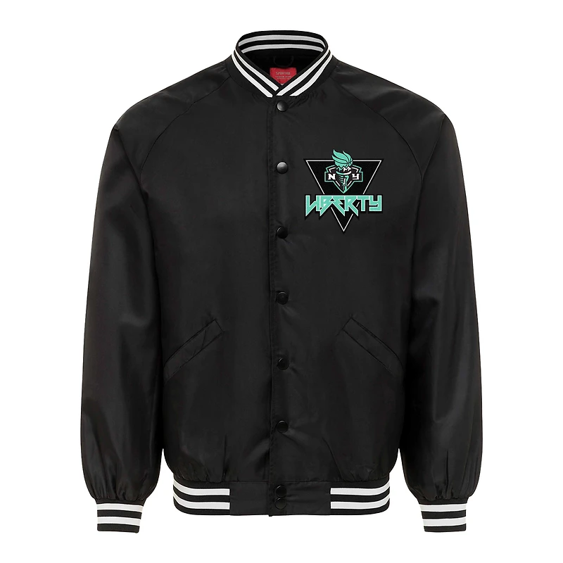 Blouson aviateur unisexe Sportiqe noir New York Liberty Rock & Roll Collection Ringo Satin Raglan à boutons-pression