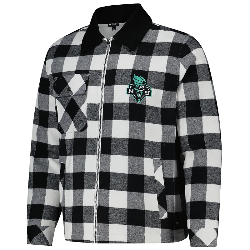Veste-chemise unisexe en flanelle noire/blanche à fermeture éclair intégrale New York Liberty de The Wild Collective