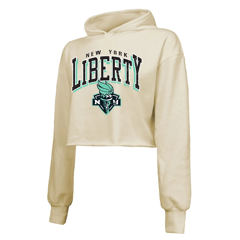 Women's Majestic Threads Cream New York Liberty Circus Shot Drop Shoulder Tri-Blend Cropped Pullover Hoodie