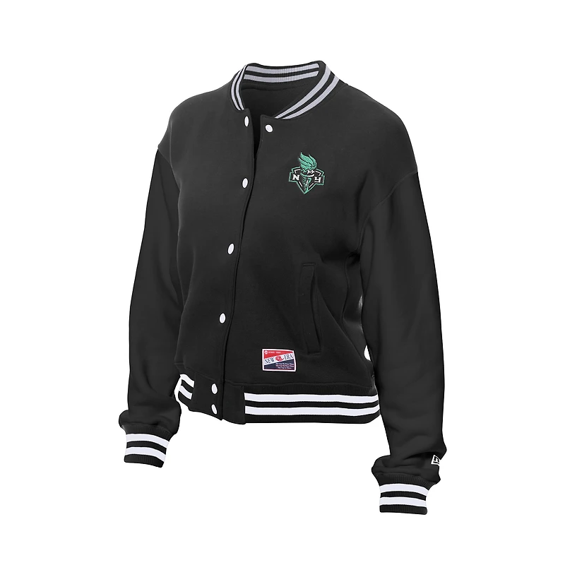 Women's New Era Black York Liberty Throwback Varsity Fleece Full-Snap Jacket
