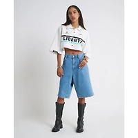 Women's  White New York Liberty Canvas Cropped Button-Up Shirt